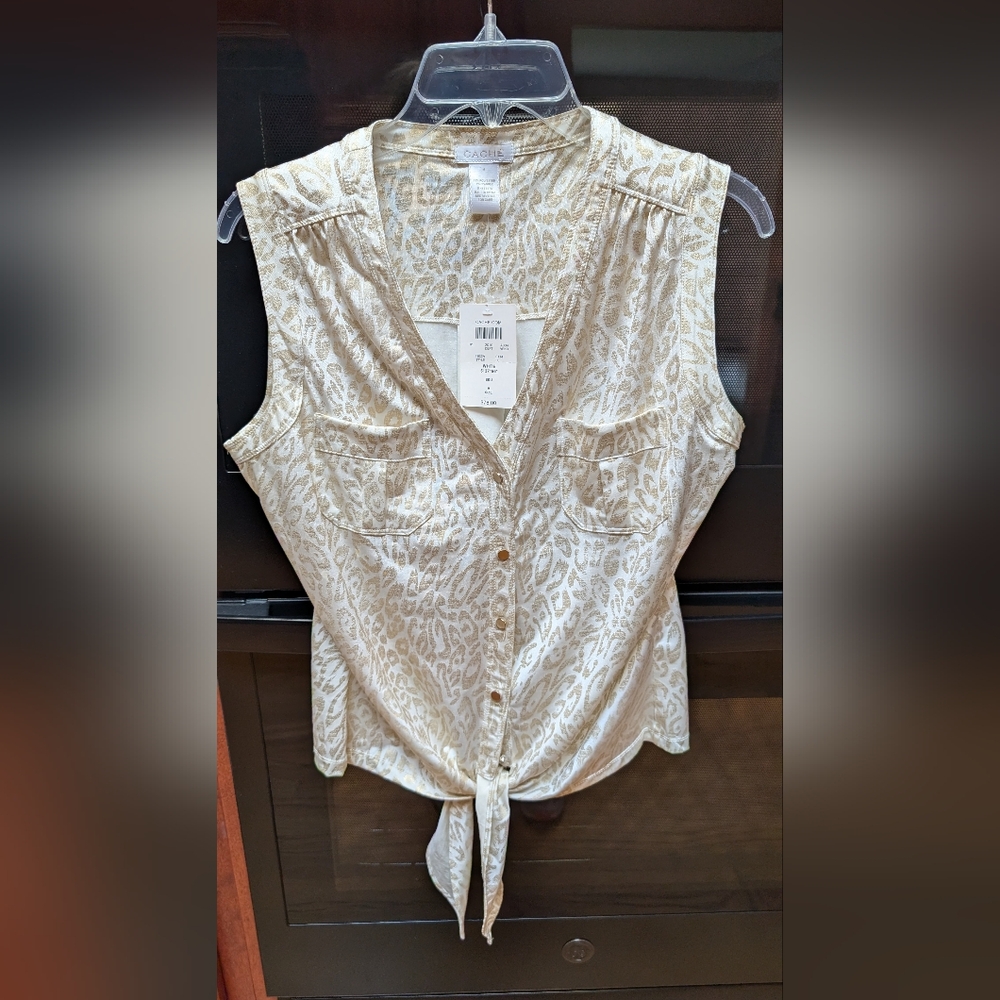 Cache Cream Sleeveless Button down Blouse with Notched Collar And Bottom Tie